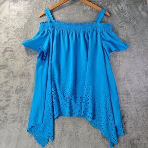 Jones New York Womens XL Blue Eyelet Off Shoulder Tunic‎ Top Summer Resortwear